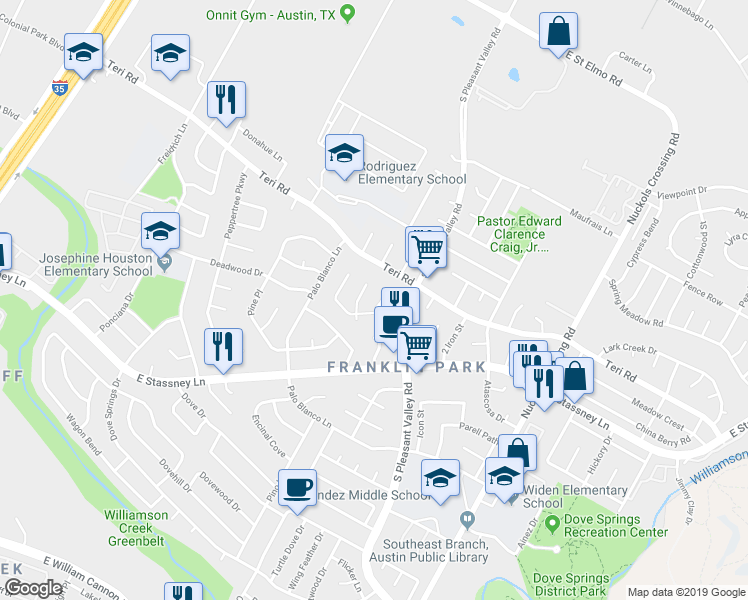 map of restaurants, bars, coffee shops, grocery stores, and more near 5210 Village Trail in Austin