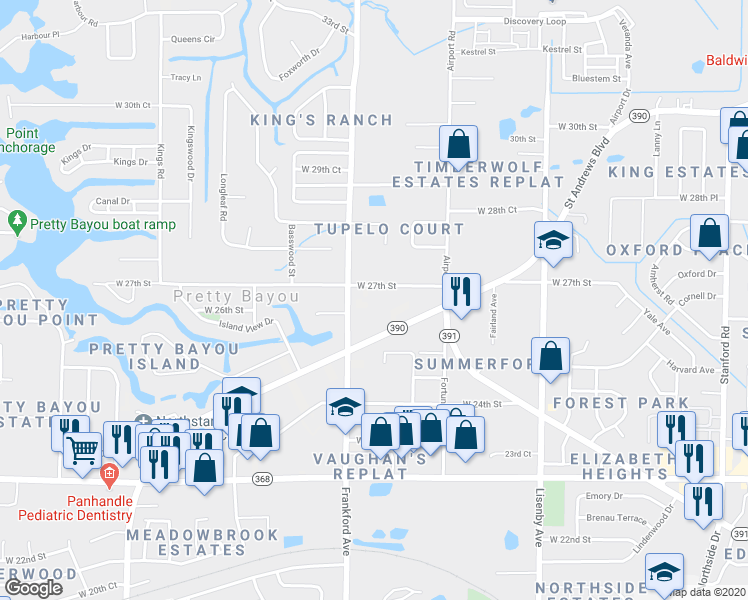 map of restaurants, bars, coffee shops, grocery stores, and more near 1919 West 27th Street in Panama City