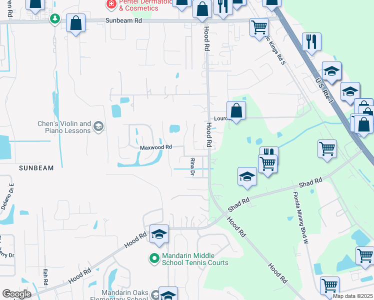 map of restaurants, bars, coffee shops, grocery stores, and more near 10061 Lightner Lane in Jacksonville