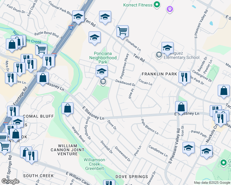 map of restaurants, bars, coffee shops, grocery stores, and more near 5414 Peppertree Parkway in Austin