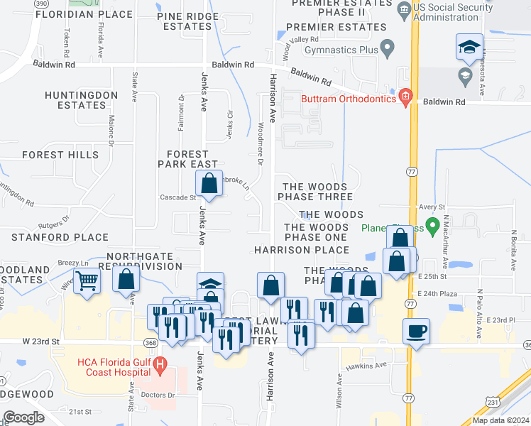 map of restaurants, bars, coffee shops, grocery stores, and more near 2606 Pembroke Lane in Panama City