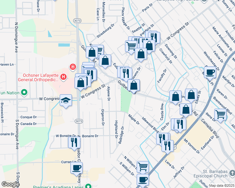 map of restaurants, bars, coffee shops, grocery stores, and more near 113 Highland Drive in Lafayette