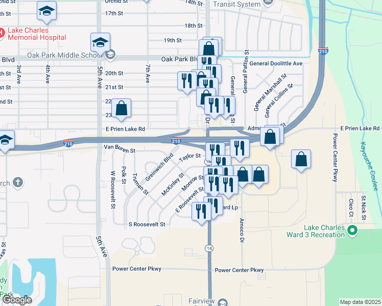 map of restaurants, bars, coffee shops, grocery stores, and more near 3430 Taylor St in Lake Charles