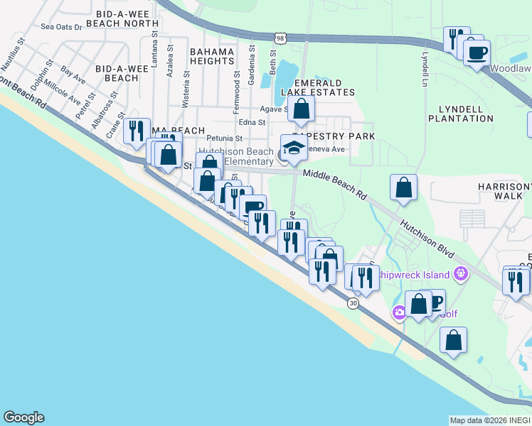 map of restaurants, bars, coffee shops, grocery stores, and more near 626 Laurel Street in Panama City Beach