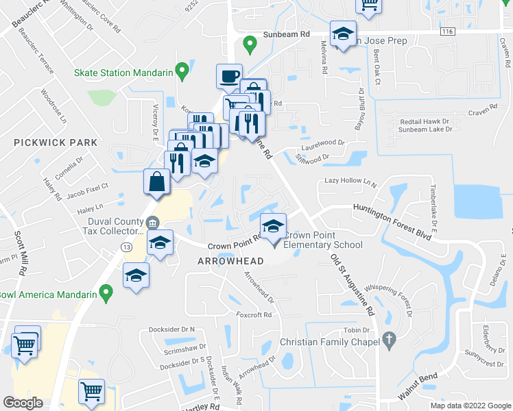 map of restaurants, bars, coffee shops, grocery stores, and more near 3801-3 Paddlewheel Ap in Jacksonville