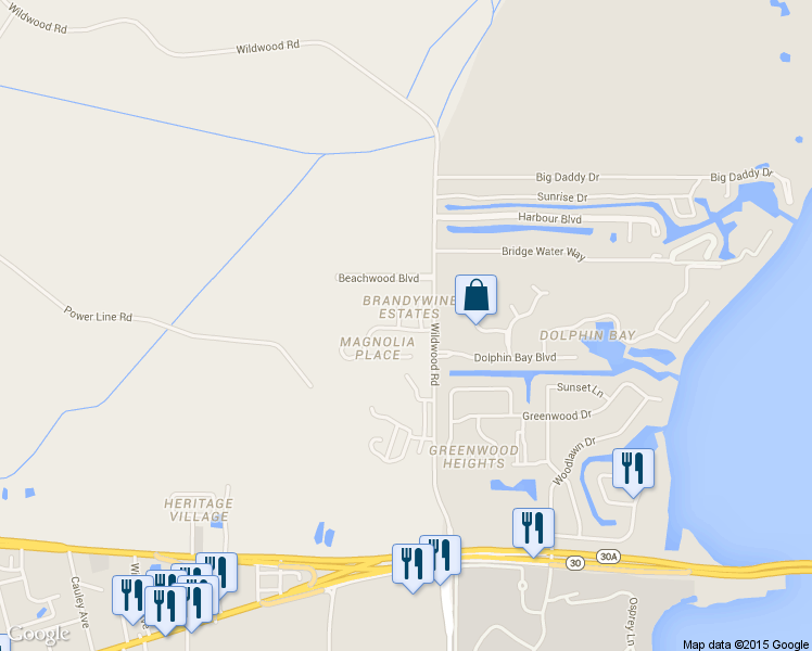 map of restaurants, bars, coffee shops, grocery stores, and more near 102 Dana Way in Panama City Beach