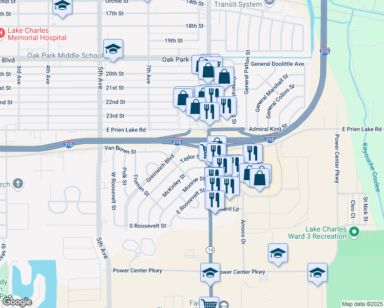 map of restaurants, bars, coffee shops, grocery stores, and more near 3430 Taylor St in Lake Charles
