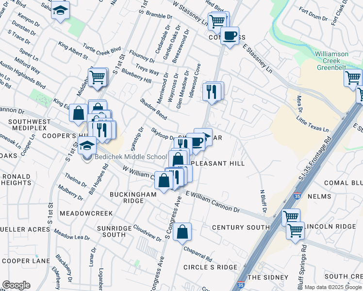 map of restaurants, bars, coffee shops, grocery stores, and more near 6408 Starstreak Drive in Austin