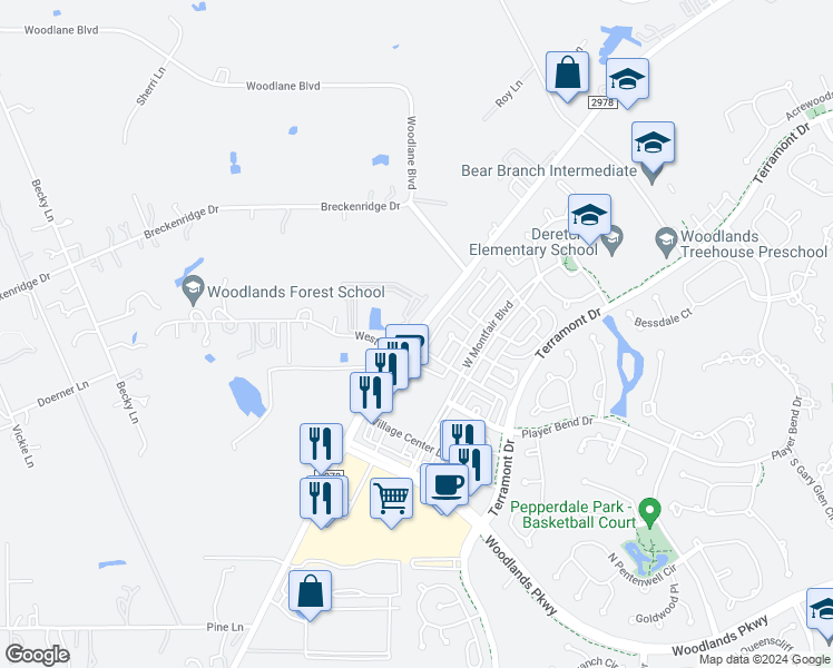 map of restaurants, bars, coffee shops, grocery stores, and more near 30643 Farm to Market Road 2978 in Magnolia