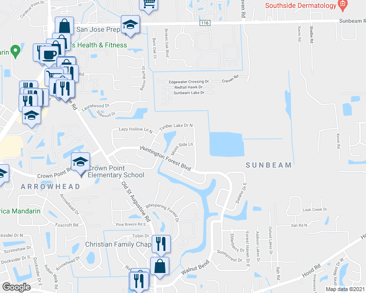 map of restaurants, bars, coffee shops, grocery stores, and more near 9922 Moss Side Lane in Jacksonville