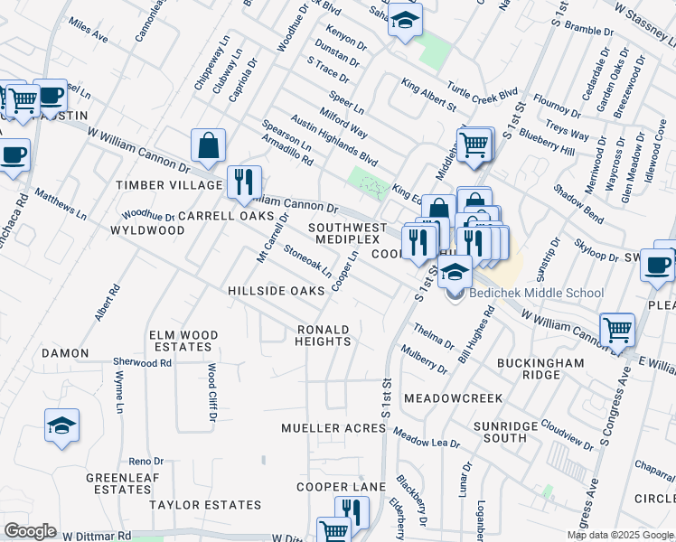 map of restaurants, bars, coffee shops, grocery stores, and more near 902 Echo Lane in Austin