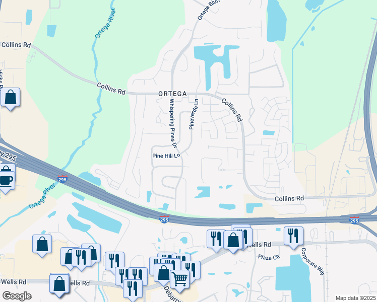 map of restaurants, bars, coffee shops, grocery stores, and more near 5499 Pinehaven Court in Jacksonville