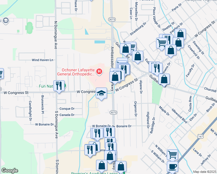 map of restaurants, bars, coffee shops, grocery stores, and more near 2822 Ambassador Caffery Parkway in Lafayette