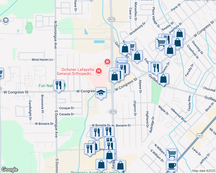 map of restaurants, bars, coffee shops, grocery stores, and more near 2822 Ambassador Caffery Parkway in Lafayette