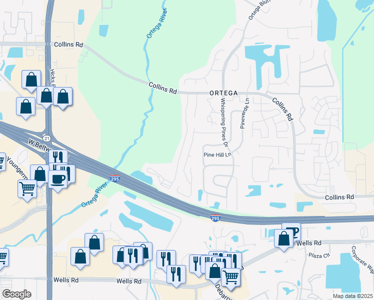 map of restaurants, bars, coffee shops, grocery stores, and more near 8322 Oak Crossing Drive West in Jacksonville