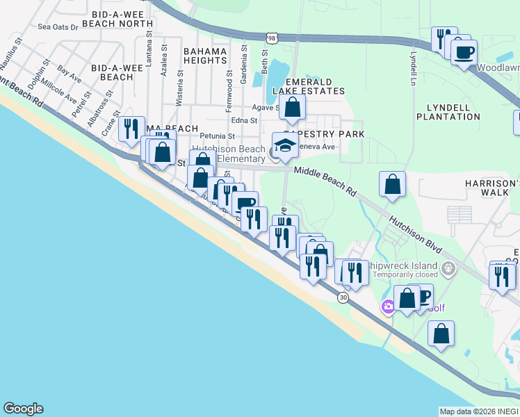 map of restaurants, bars, coffee shops, grocery stores, and more near 626 Laurel Street in Panama City Beach