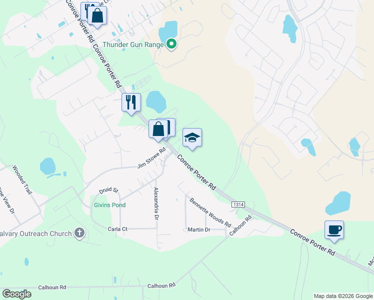 map of restaurants, bars, coffee shops, grocery stores, and more near 17601 Farm to Market Road 1314 in Conroe
