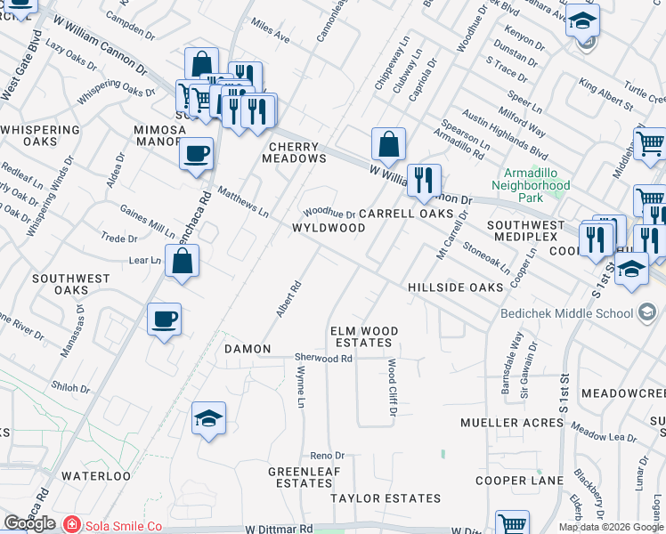 map of restaurants, bars, coffee shops, grocery stores, and more near 1307 Matthews Lane in Austin