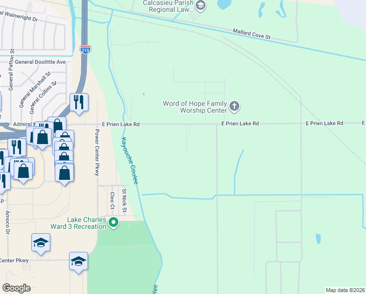 map of restaurants, bars, coffee shops, grocery stores, and more near 3332 E Prien Lake Rd in Lake Charles