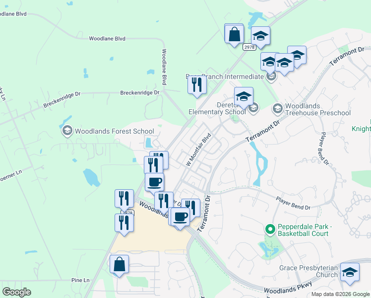 map of restaurants, bars, coffee shops, grocery stores, and more near 38 Whetstone Ridge Way in Spring