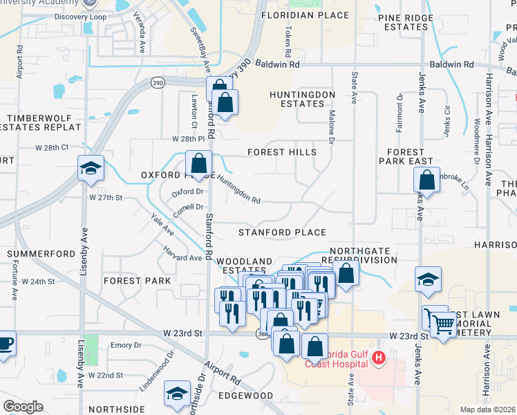 map of restaurants, bars, coffee shops, grocery stores, and more near 923 Huntingdon Road in Panama City