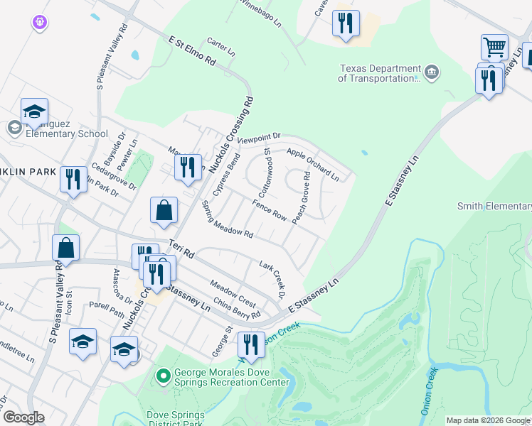 map of restaurants, bars, coffee shops, grocery stores, and more near 5505 Fence Row in Austin