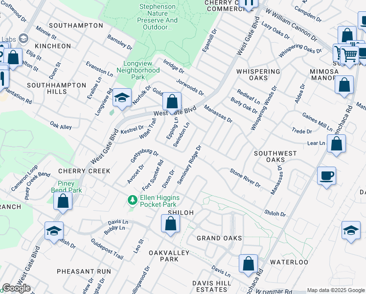 map of restaurants, bars, coffee shops, grocery stores, and more near 2620 Market Garden Lane in Austin