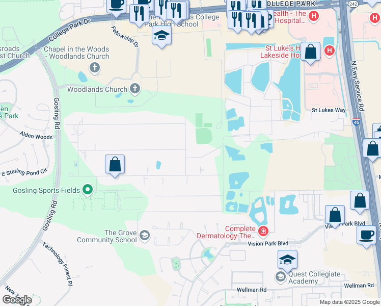 map of restaurants, bars, coffee shops, grocery stores, and more near 2424 Meadow Road in Conroe