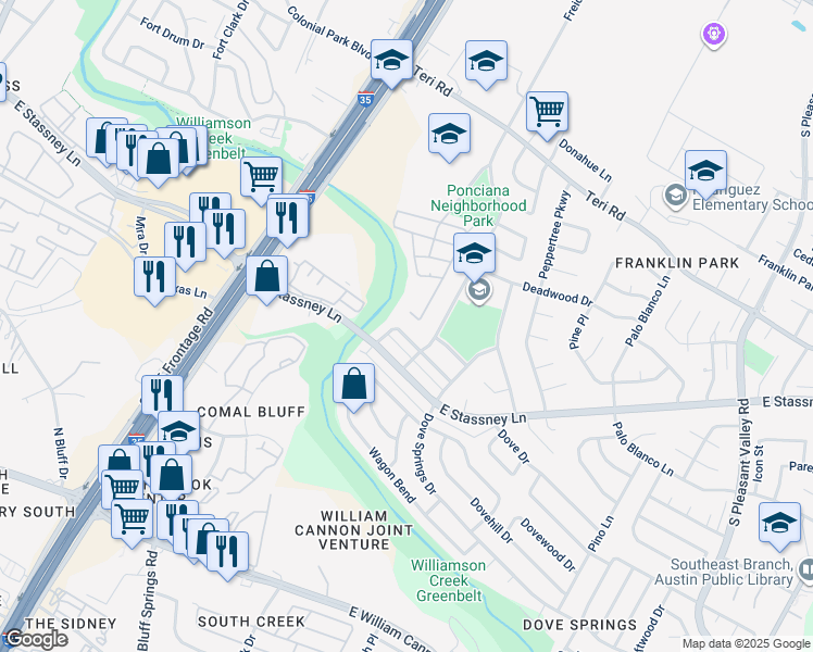 map of restaurants, bars, coffee shops, grocery stores, and more near 1912 Conestoga Trail in Austin
