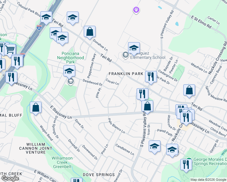 map of restaurants, bars, coffee shops, grocery stores, and more near 2327 Deadwood Drive in Austin