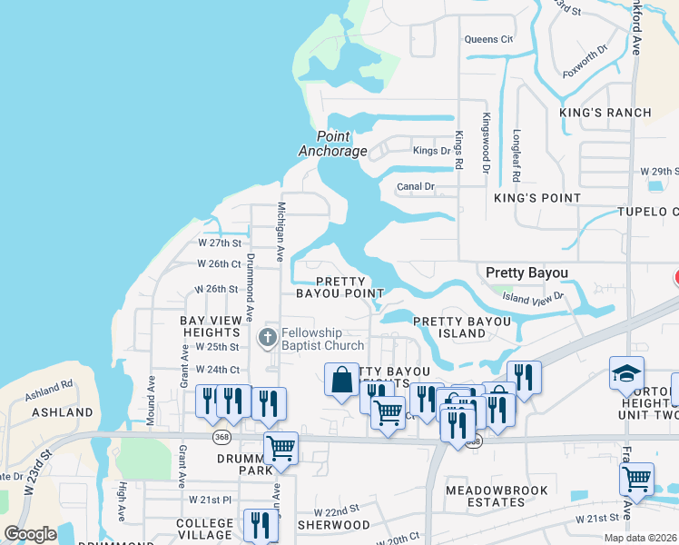 map of restaurants, bars, coffee shops, grocery stores, and more near 2441 Pretty Bayou Boulevard in Panama City