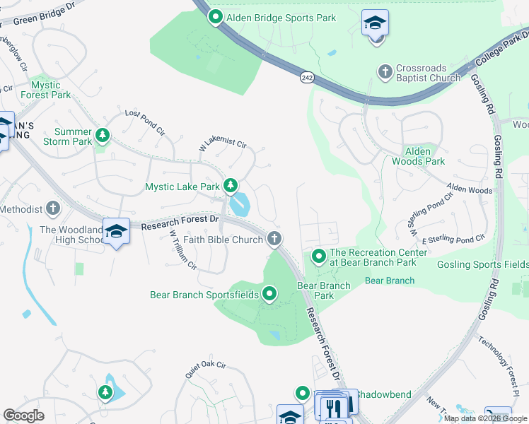 map of restaurants, bars, coffee shops, grocery stores, and more near 31 North Morning Cloud Circle in Spring