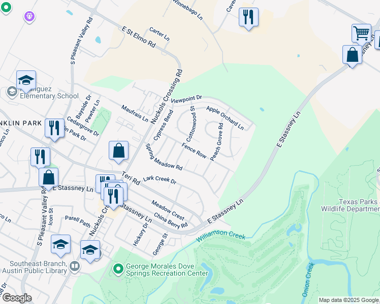 map of restaurants, bars, coffee shops, grocery stores, and more near 5505 Fence Row in Austin