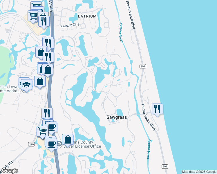 map of restaurants, bars, coffee shops, grocery stores, and more near 19 Cove Road in Ponte Vedra Beach