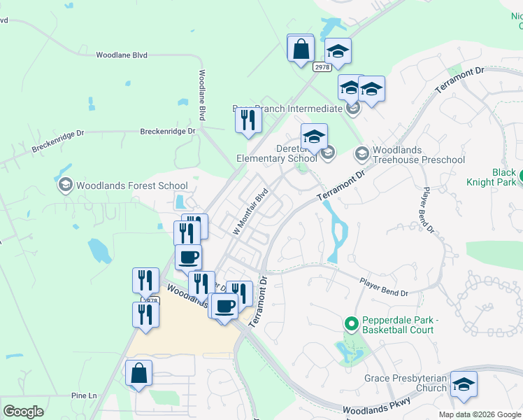 map of restaurants, bars, coffee shops, grocery stores, and more near 69 East Montfair Boulevard in Spring
