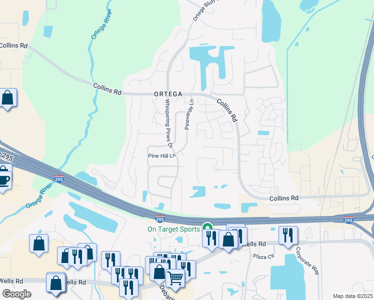 map of restaurants, bars, coffee shops, grocery stores, and more near 8541 Pineverde Lane in Jacksonville