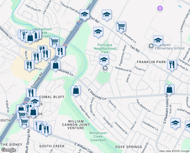 map of restaurants, bars, coffee shops, grocery stores, and more near 5516 Ponciana Drive in Austin
