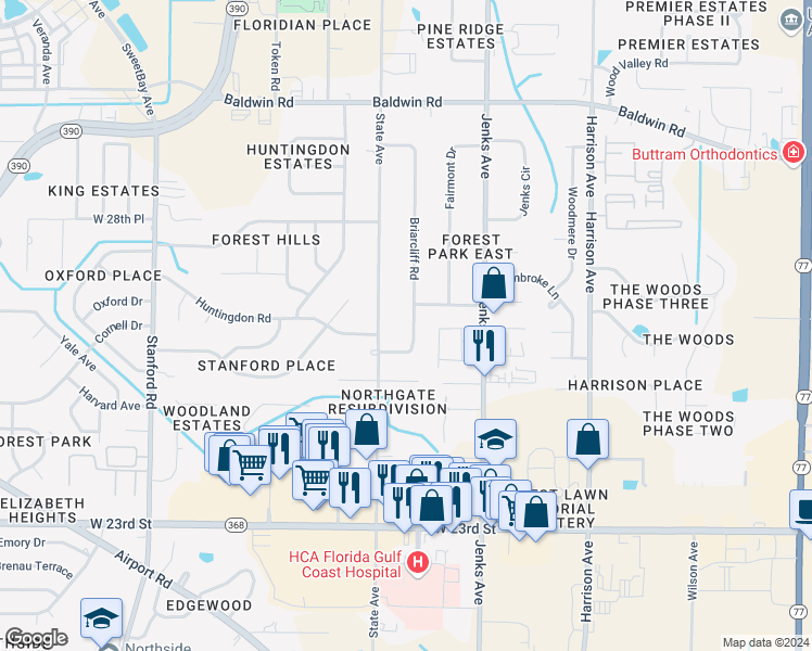 map of restaurants, bars, coffee shops, grocery stores, and more near 2625 Briarcliff Road in Panama City