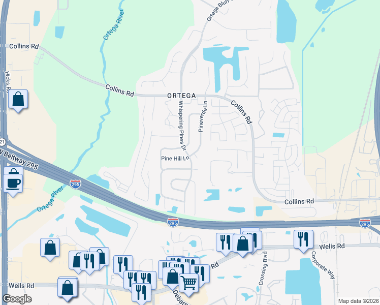 map of restaurants, bars, coffee shops, grocery stores, and more near 8594 Pineverde Lane in Jacksonville
