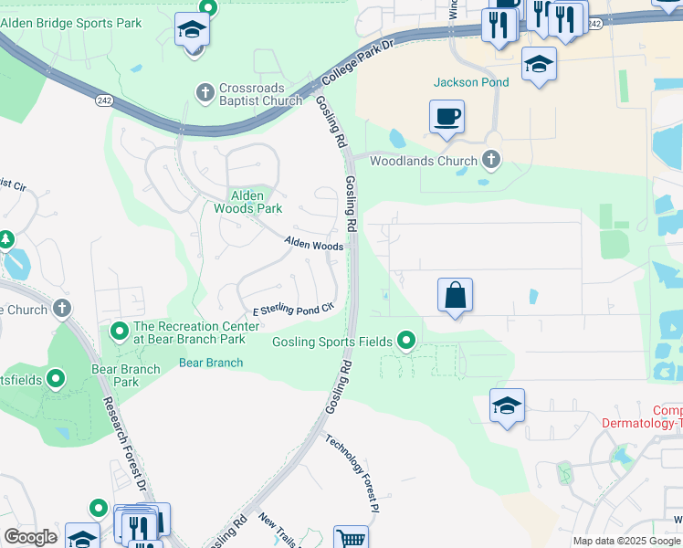 map of restaurants, bars, coffee shops, grocery stores, and more near 23 East Sterling Pond Circle in Spring