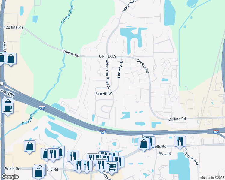 map of restaurants, bars, coffee shops, grocery stores, and more near 5499 Pinehaven Court in Jacksonville