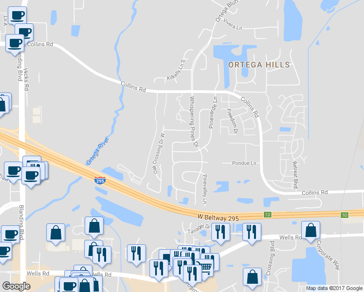 map of restaurants, bars, coffee shops, grocery stores, and more near 5689 Pine Hill Lane in Jacksonville