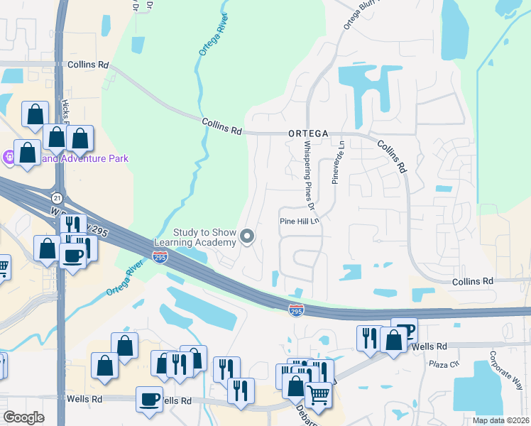 map of restaurants, bars, coffee shops, grocery stores, and more near 8322 Oak Crossing Drive West in Jacksonville