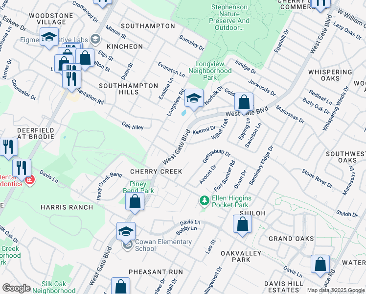 map of restaurants, bars, coffee shops, grocery stores, and more near 8203 West Gate Boulevard in Austin