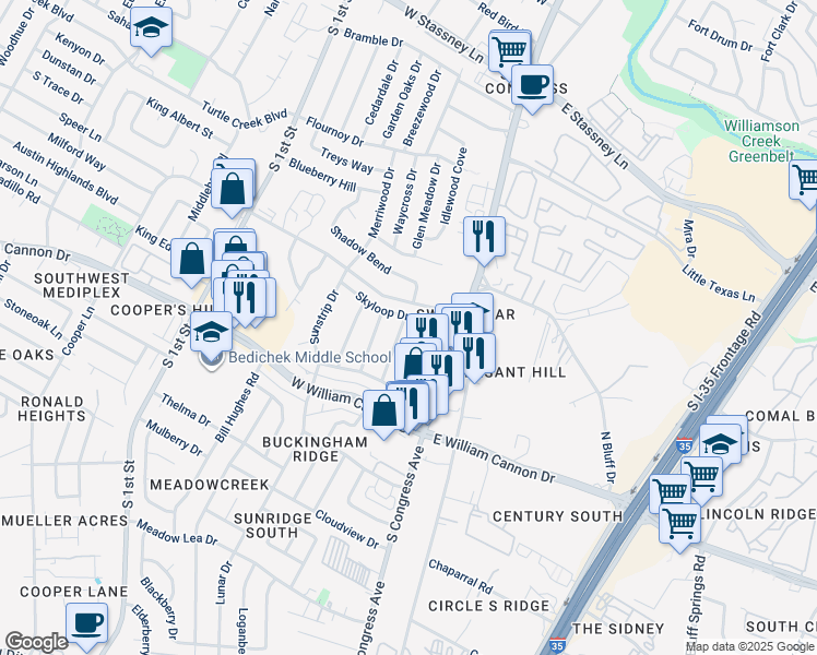 map of restaurants, bars, coffee shops, grocery stores, and more near 6408 Starstreak Drive in Austin