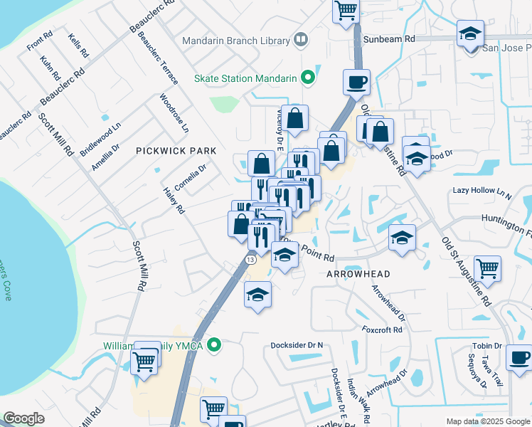map of restaurants, bars, coffee shops, grocery stores, and more near 10000 San Jose Boulevard in Jacksonville