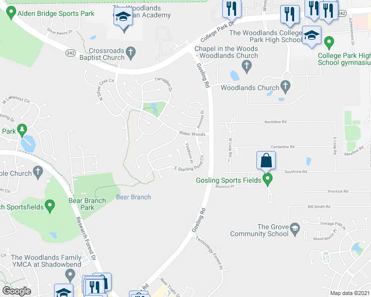 map of restaurants, bars, coffee shops, grocery stores, and more near 31 Firethorn Place in Spring
