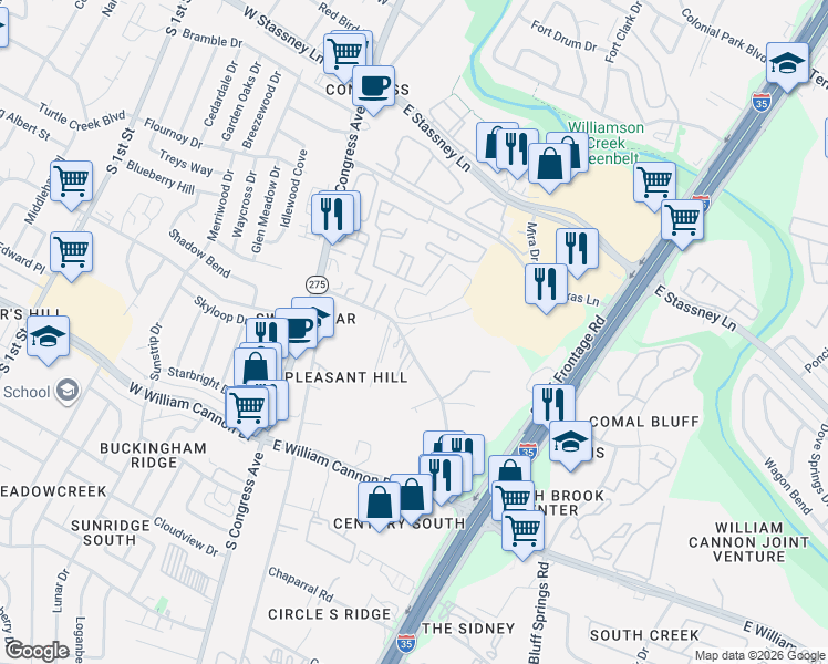 map of restaurants, bars, coffee shops, grocery stores, and more near 500 North Bluff Drive in Austin
