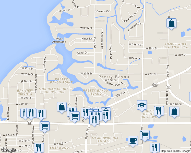 map of restaurants, bars, coffee shops, grocery stores, and more near 2903 West 27th Street in Panama City
