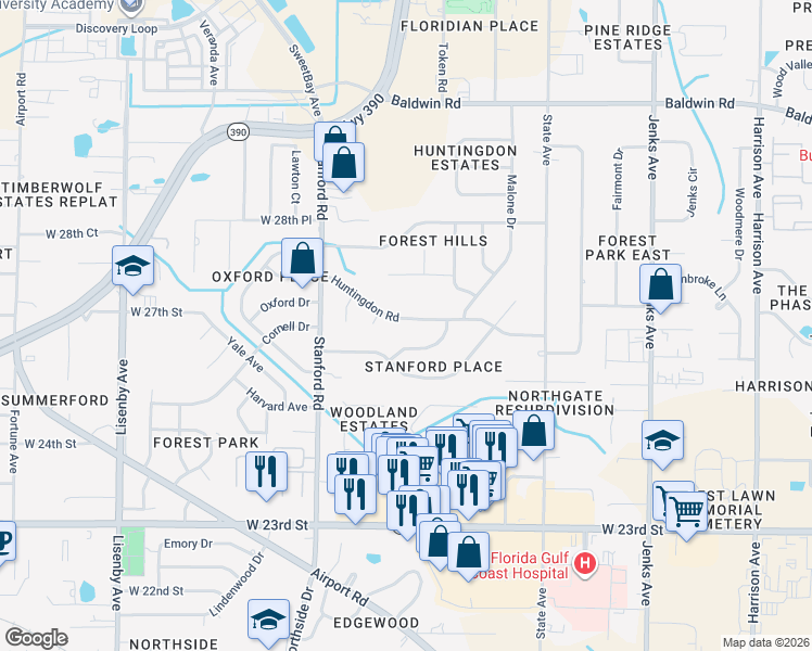 map of restaurants, bars, coffee shops, grocery stores, and more near 923 Huntingdon Rd in Panama City